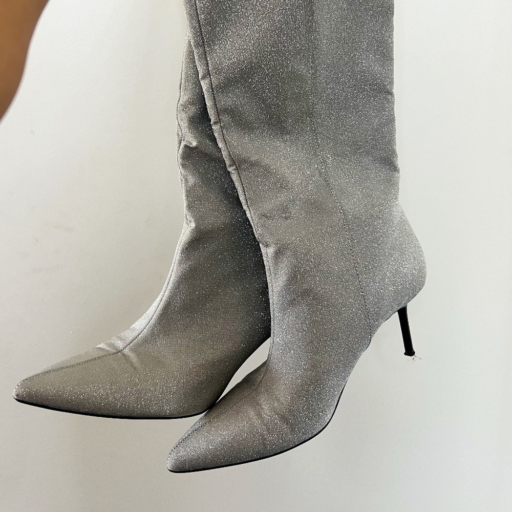 Silver Sparkly Knee High Stiletto Boots